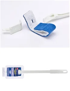 Detail view of disposable toilet brush head and packaged unit with white handle