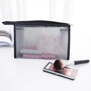 Portable black mesh toiletry bag with zipper for travel and makeup storage