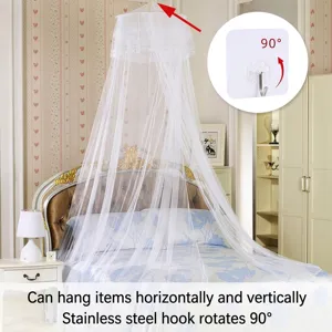 Rotatable stainless steel adhesive hook for bed canopy and home organization.