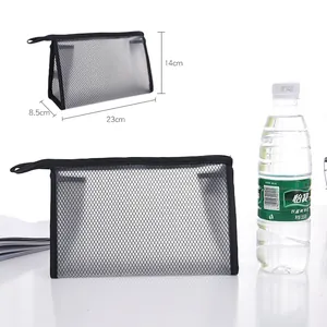 Large black mesh toiletry bag for travel organization with 23x14x8.5cm dimensions