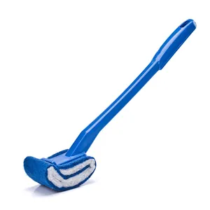 Long handle toilet brush with curved scrubbing head for deep cleaning bathroom surfaces.