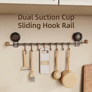 Punch-Free Dual Suction Cup Sliding Hook Rack Stainless Steel ABS Hanging Storage Rail For Kitchen Bathroom Door Wall