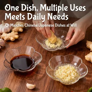 Flower-shaped clear glass dipping dish with built-in ginger and garlic grinder base