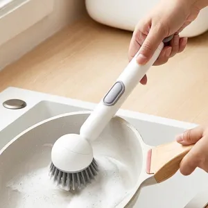 Brosse de Cuisine à Manche Long Rotative Avec Distributeur de Savon Poils en PET Pour Nettoyage des Casseroles et Plats