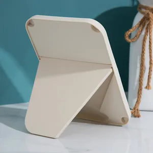 Minimalist off-white foldable square desktop makeup mirror with adjustable stand