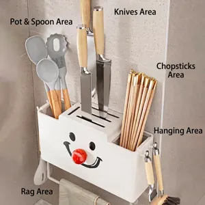 Organizer da cucina a parete per bacchette, coltelli e utensili con scarico acqua.