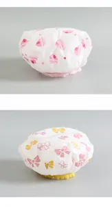 Waterproof PVC shower cap set featuring pink cake and colorful bow patterns for bath