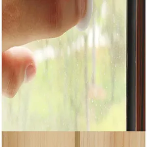 Detail of a white round self-adhesive auxiliary handle on a clean glass window pane