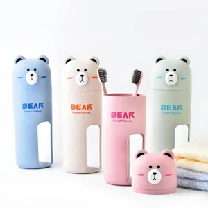 Set Lavaggio da Viaggio a Forma di Orso Cartone Animato in Fibra di Grano Plastica Portatile Porta Spazzolino Con 2 Spazzolini per Organizer Bagno Viaggio