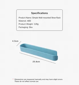 Detail view of blue wall-mounted storage rack with dimensions and material specifications