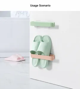Adhesive wall-mounted slipper rack in a bathroom scene showing space-saving storage