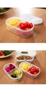Double-compartment plastic food containers for fruit and nuts storage in a kitchen setting
