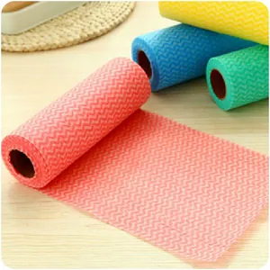 Multi-color rolls of disposable non-woven cleaning wipes with wave pattern for kitchen.