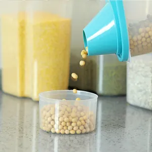 Large airtight plastic cereal container with pouring spout and measuring cup for kitchen