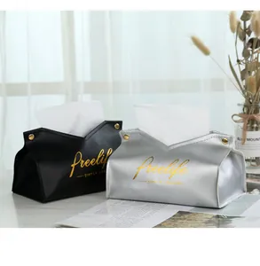 Modern PU leather tissue boxes in black and metallic silver with gold letter prints
