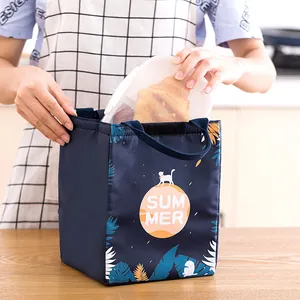Thickened insulated portable lunch bag in dark blue featuring a cute summer cat design