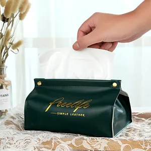 Elegant dark green leather tissue box cover with gold foil lettering for home decor