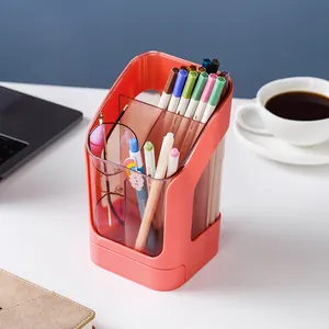Modern multi-functional slanted desk pen organizer with transparent divided compartments
