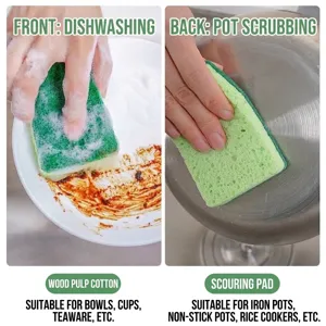 Double-sided cellulose kitchen sponge with scouring pad for dishwashing and scrubbing pots.