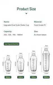 Dimensions détaillées des shakers transparents en tailles 350 ml, 530 ml, 700 ml et 1000 ml.