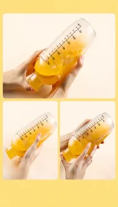 Gros plan des gestes corrects pour utiliser un shaker à cocktail gradué transparent.