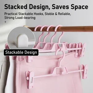 Pink stackable plastic pants rack with anti-slip clips for space-saving wardrobe storage