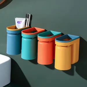 Colorful wall-mounted no-drill toothbrush holder set with mouthwash cups for bathroom