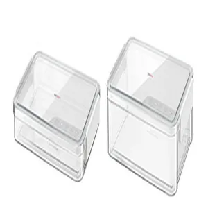 Detailed macro view of clear stackable document storage boxes with secure snap-lock lids
