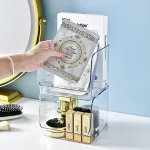 Minimalistische transparante stapelbare make-up organizer voor bureauopslag op tafel