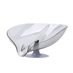 Jabonera en forma de hoja gris transparente con base de ventosa para fregadero