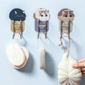Set of 3 punch-free stainless steel wall hooks with cute cartoon cat designs for bathroom