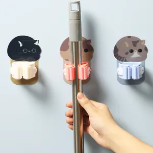 Cute cartoon cat-shaped self-adhesive wall hooks for mops and brooms set of three