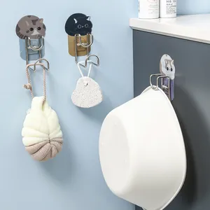 Punch-free stainless steel wall hooks with cute cat designs for bathroom storage