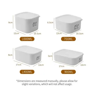 Set of four white plastic refrigerator food storage containers with marked dimensions