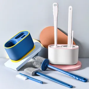 Wall Mounted Long Handle Toilet Brush Set Bathroom Cleaning Tools With Silicone Soft Bristles Dual Brush Heads And Holder