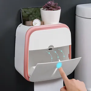 Wall-mounted bathroom tissue box holder with phone storage shelf