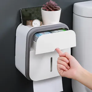 Wall-mounted bathroom toilet paper box organizer with storage drawer and phone holder
