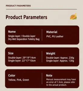 Specifications and dimensions for multi-functional single and double-layer PVC toiletry bags