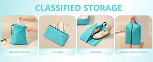 Set di quattro borse da viaggio in poliestere ciano con coulisse e modelli per scarpe.