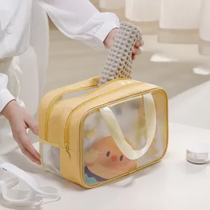 Large yellow PVC waterproof toiletry bag with cute cartoon burger design for travel and gym