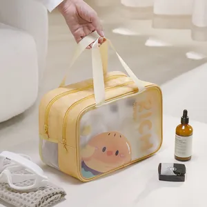 Portable large waterproof PVC toiletry bag with yellow cartoon bread design for travel