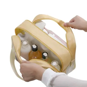 Large multifunctional yellow PVC toiletry bag with multiple storage compartments