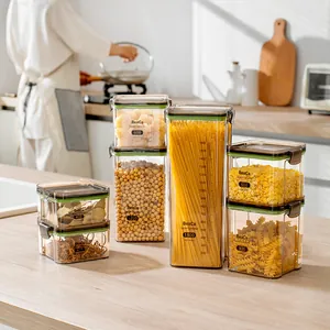 Transparent airtight food storage containers with measurement scales for kitchen grains