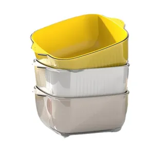 Lot de 3 paniers d'égouttage de cuisine carrés à double couche jaune, blanc et beige