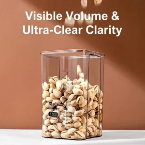 Transparent airtight food storage container with clear measurement scales for grains and snacks