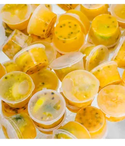 Macro view of disposable round ice cube molds filled with frozen passion fruit pulp
