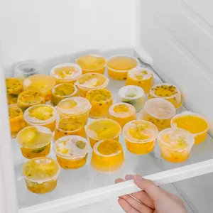 Set of disposable plastic ice cube molds with lids for fruit puree freezing and storage
