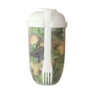 Portable salad shaker cup with fork and lid for healthy meal prep on the go, white