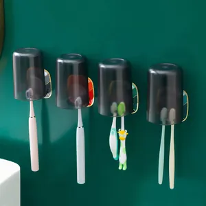 No Drill Wall Mounted Toothbrush Holder With Mouthwash Cup Plastic Bathroom Storage Rack For Home Organized Storage