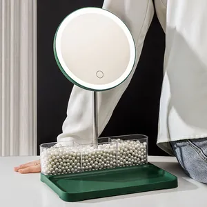 Desktop LED makeup mirror with smart light and pearl jewelry storage organizer tray
